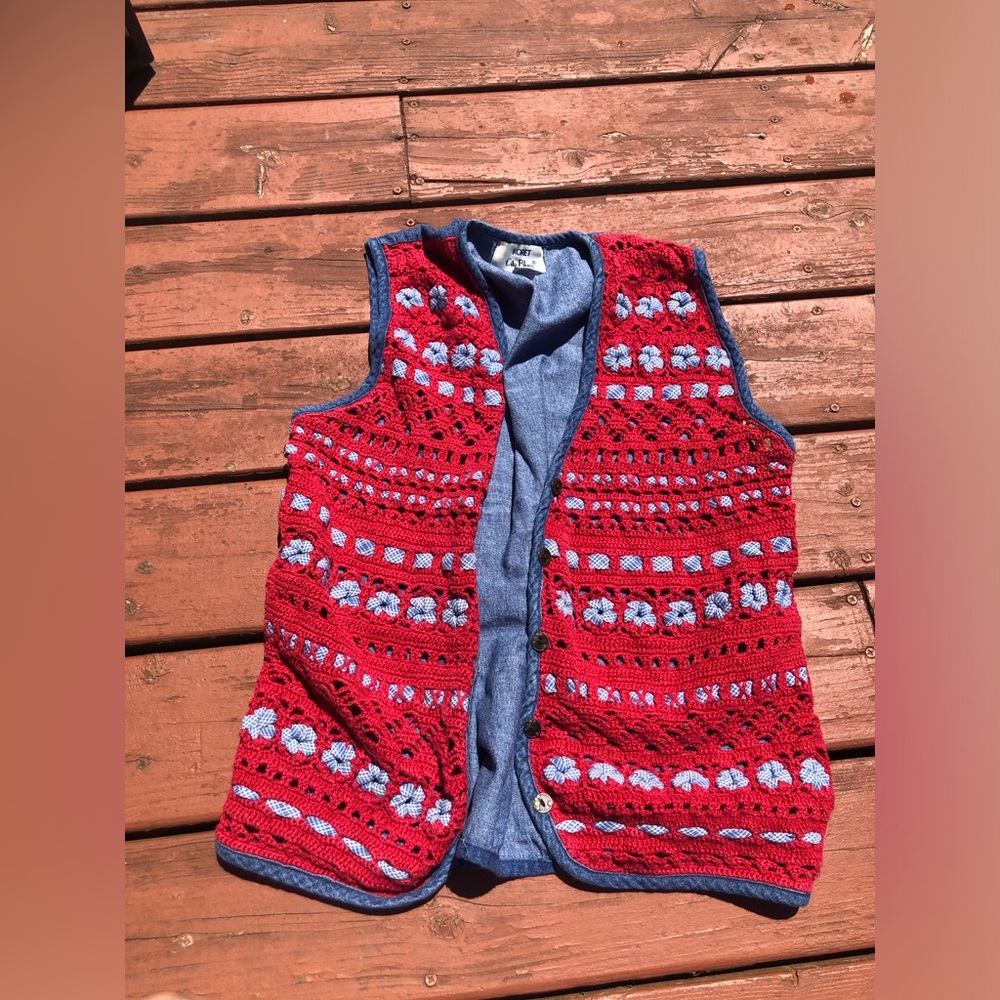 Vintage Red Crochet Button Vest with Light Blue Trim Size Medium